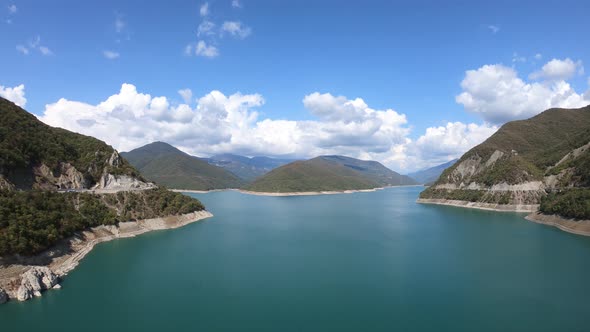 Aerial view of Zhinvali Reservoir. Ananuri Lake with blue water in Georgia.