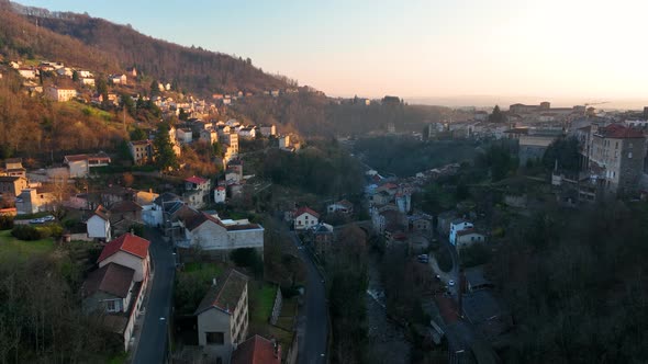 Aerial View of Dense Historic Center of Thiers Town in PuydeDome Department AuvergneRhoneAlpes