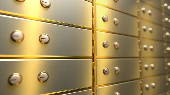 Golden Safe Deposit Boxes in a Bank Vault Room