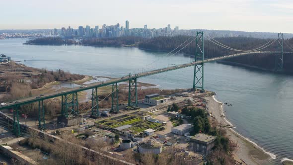 Busy Road Bridge Of Lions Gate In Vancouver, British Columbia, Canada. Aerial Drone Shot