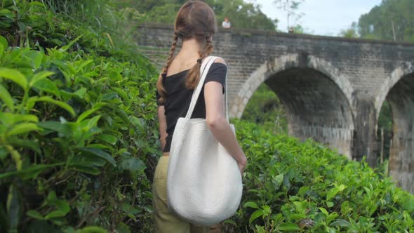 Pretty Girl in Black T-shirt Walks Along Green Plantation