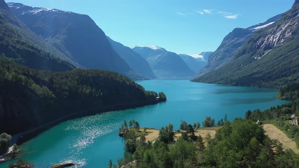 Lovatnet lake - The famous turquoise colored glacier lake hidden in the Norwegian valley Lodalen - A