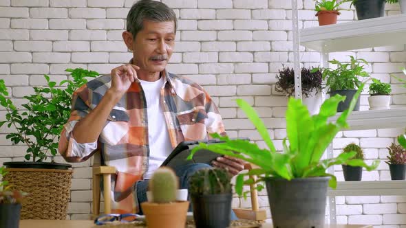 An old man sitting in a living room decorated with flower pots.