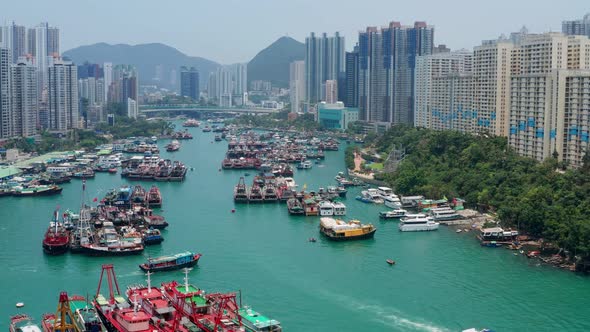 Top view of Hong Kong fishing harbor port