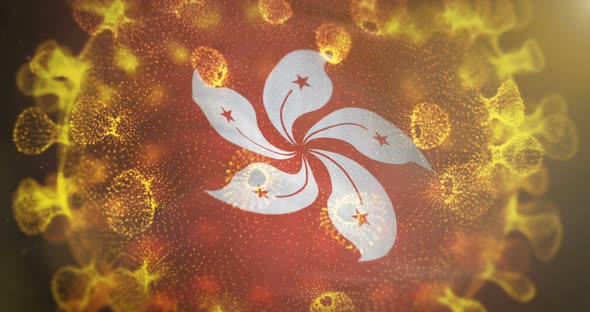 Hong Kong Flag with Coronavirus Microbe Centered 4K