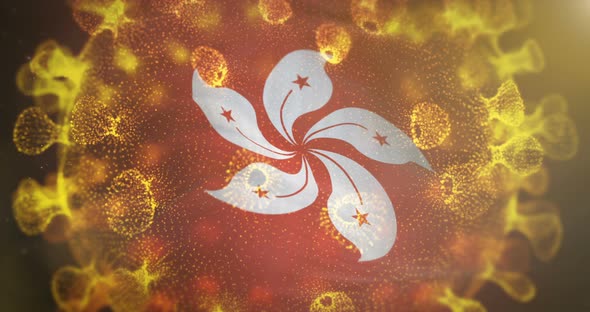 Hong Kong Flag with Coronavirus Microbe Centered 4K alt