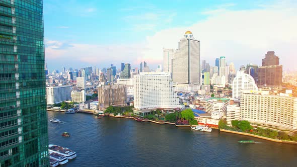 Aerial view over Bangkok city and Chao phraya river