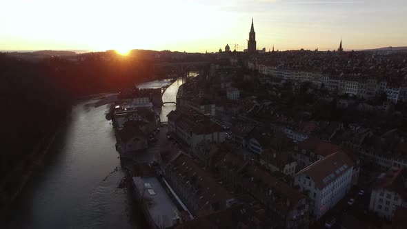 Aerial view of Bern at sunset time