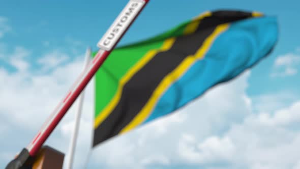 Closing Barrier with CUSTOMS Sign at the Tanzanian Flag