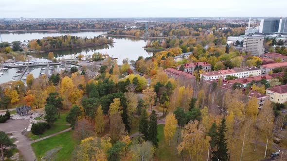 Aerial - Sibelius Park, Bay of Finland, Helsinki, Finland, wide shot pan right