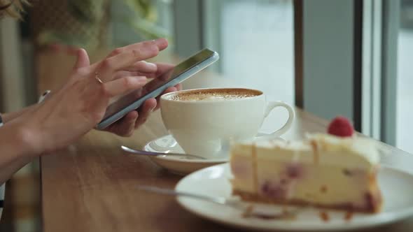 Woman Have Breakfast at Cafe Use Smartphone at Cafe