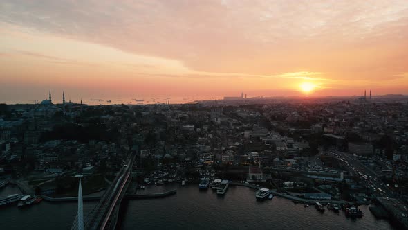 aerial view in istanbul golden horn with amazing sunset