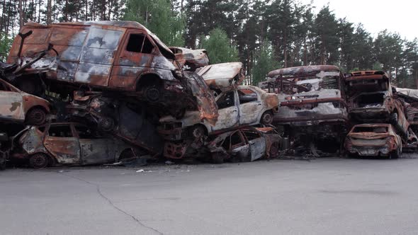 War in Ukraine a Dump of Shot and Burned Cars in Irpin Bucha District