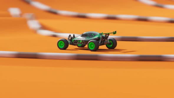 RC Car race on the sandy track. Loopable animation of a miniature model of buggy