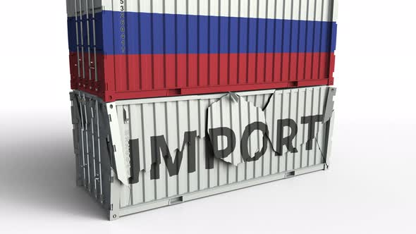 Container with Flag of Russia Breaking Container with IMPORT Text