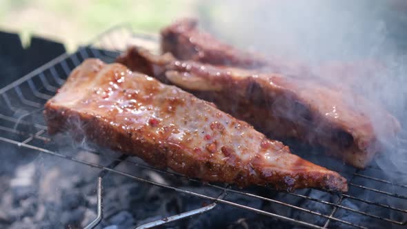 Delicious Beef or Pork Ribs Frying on a Charcoal Grill Being Covered with Red Gravy Sauce Brush