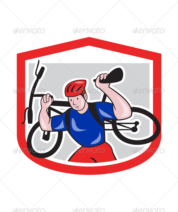 Cyclist Carrying Mountain Bike on Shoulders Cartoon