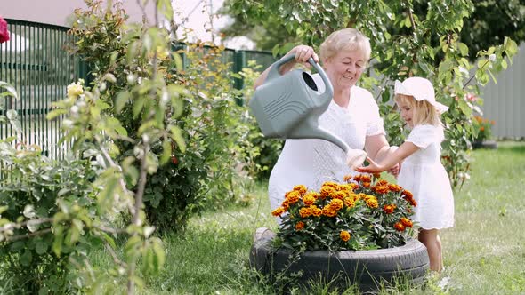 Little Girl and Her Grandmother Watering Flowers in Garden