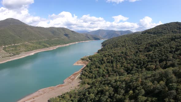 Aerial view of Zhinvali Reservoir. Ananuri Lake with blue water in Georgia.