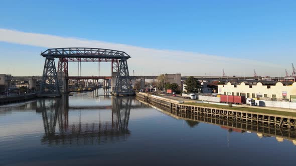 View Of Buenos Aires Transporter Bridge Across Riachuelo River In Argentina. wide shot