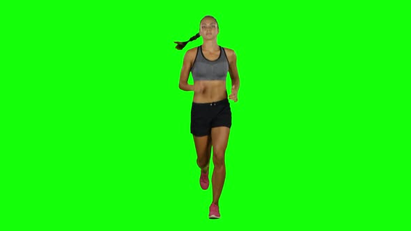 Running Sport Girl. Front View. Green Screen