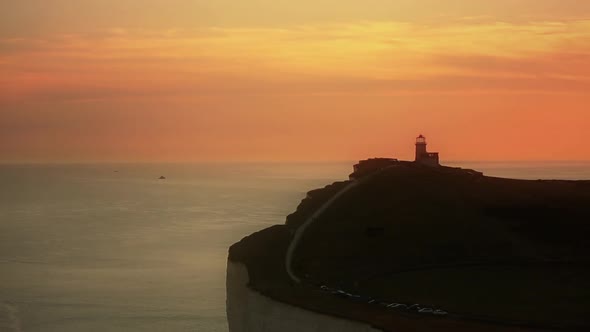 Panoramic view of Seven Sisters cliffs at sunset