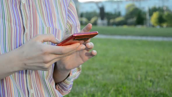 Business Woman Hands Mobile Uses in City Street