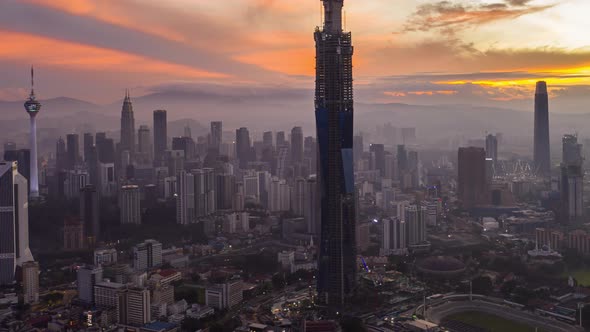 hyperlapse drone panning view of sunrise at Kuala Lumpur