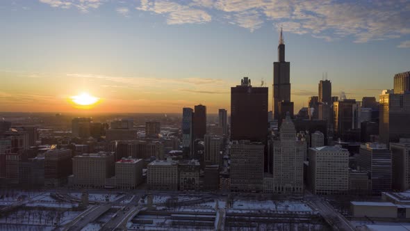 Urban Skyline of Chicago at Winter Sunset