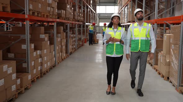 Female and Male Employees During Work in Warehouse