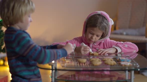 Concentrated Girl Decorating Christmas Cookies with Boy Indoors