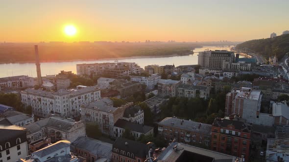 Historical District of Kyiv - Podil in the Morning at Dawn, Ukraine, Aerial View