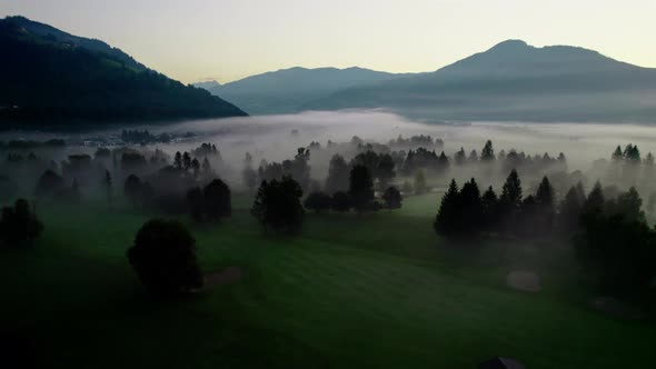 Drone Over Trees In Misty Landscape Of Zell Am See At Dawn