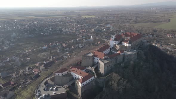 Aerial View From a Drone to Palanok Castle in Mukachevo