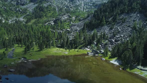 Moving Forward to Clear Blue Lake and Pine Woods Forest Mountain Valley in Summer