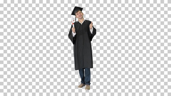 Happy male student in graduation robe, Alpha Channel