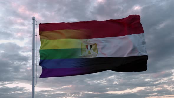 Waving Flag of Egypt State and LGBT Rainbow Flag Background