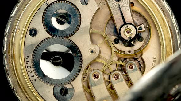 Gears in the Mechanism of a Vintage Pocket Watchl. Close Up. Time Lapse . Back Background