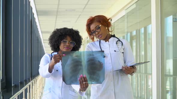 Two Female African-american Doctors Examines X-ray of Lungs, Holding It in Hands Indoors. Two