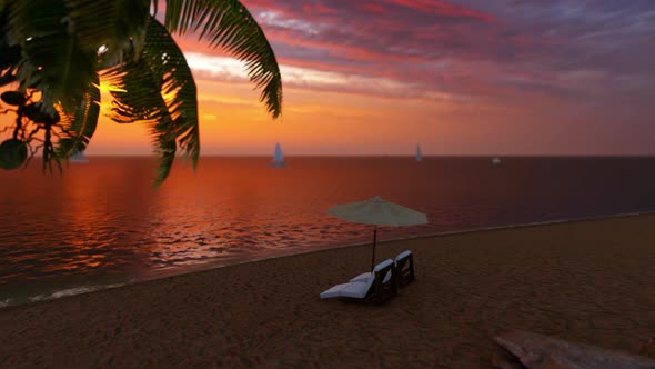 Tropical Beach In Sunset With Beach Chairs And Umbrella alt