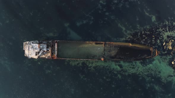 Old Sunk Boat Near Sea Shore, View From Above