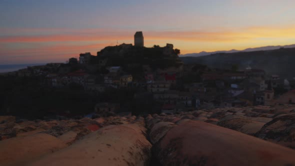 Tower and Medieval Village of Condojanni in Calabria After Sunset