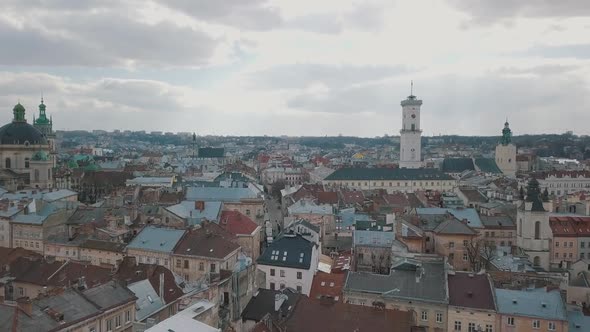 Aerial City Lviv, Ukraine. European City. Popular Areas of the City. Rooftops