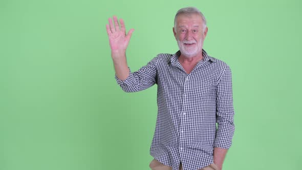 Happy Senior Bearded Man Waving Hand