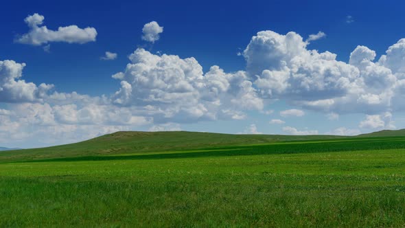 Green Hill with Grass Under Cloudy Sky, Timelapse