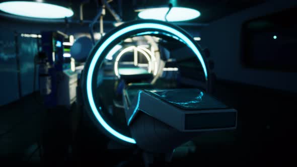 Futuristic Sci Fi MRI Scanner Medical Equipments in Hospital