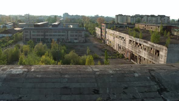 Aerial Drone View. Flying Over Old Factory Ruin Industrial Building for Demolition V2