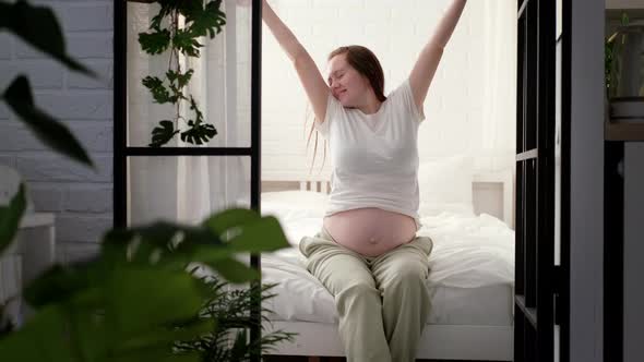 Pregnant Happy Morning Expectant Mother Wake Up Caressing Her Belly