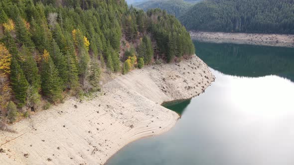 Aerial shot of a reservoir with low water levels