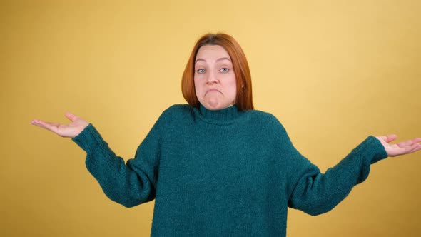 Young Red Hair Woman Posing Isolated on Yellow Color Background Studio